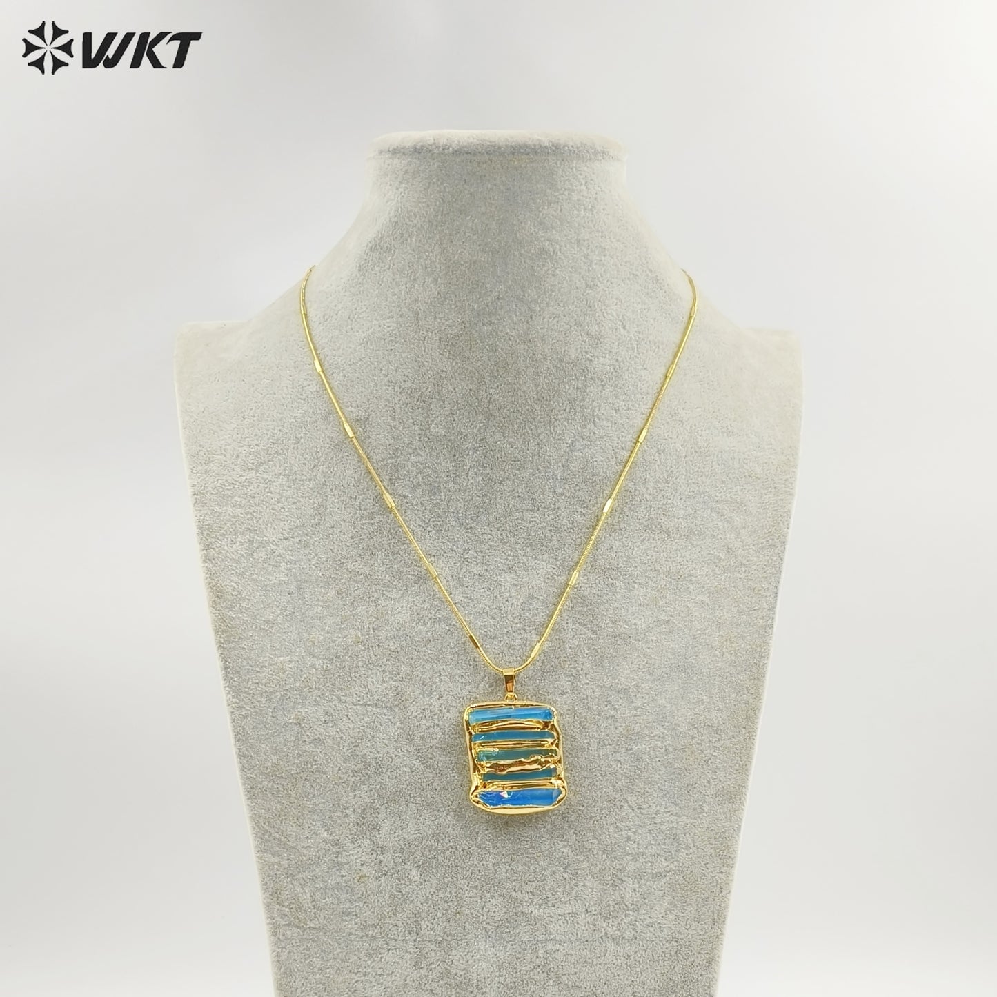 WT-N1494 Amazing Women Natural Aura Aqua Quartz Stone Pendant Necklace Gold Plated Tiny Chain Wholesale Jewelry Birthday Gift