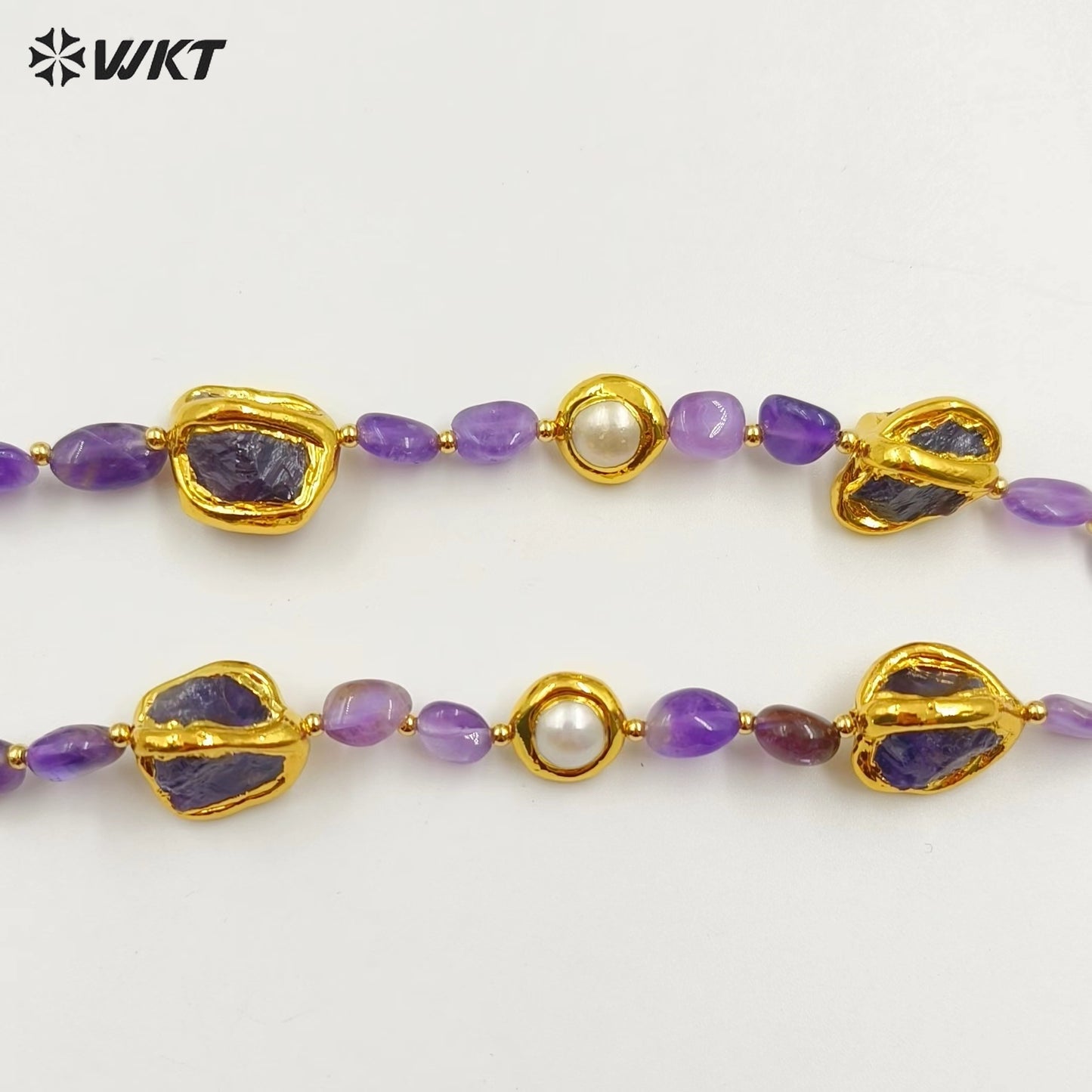 WT-N1464 Gorgeous Unique Gold Plated Natural Chunky Amethyst Beads and Pearl Big Stone Pendant Necklace