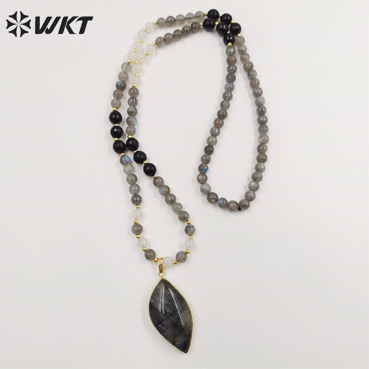 WT-N1417 New Handmade Long 6mm Round Beads Labradorite Pendant Necklace Women Trendy Shirt Chain Casual Boho Chain