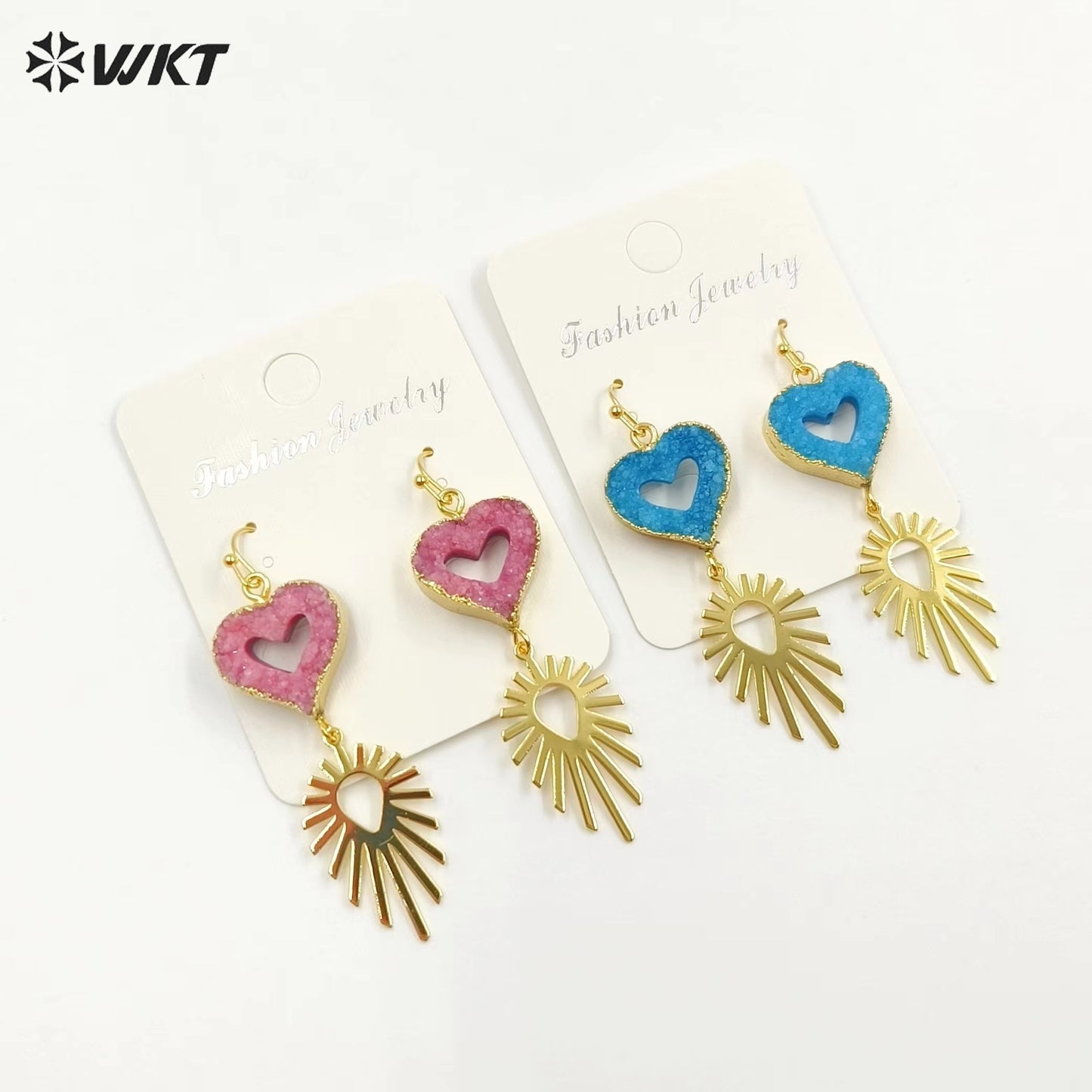 WT-E747 Wholesale Fashion New 18k Gold Plated Hollow Design Lovely Druzy Quartz Made Heart and Leaf Stone Earrings