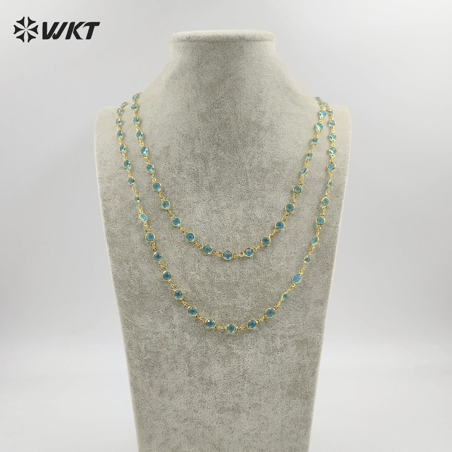 WT-RBC230 Super Hot 18K Real Gold Plated Aqua Crystal Round Beads Chain for Women Jewelry Necklace DIY Design Findings