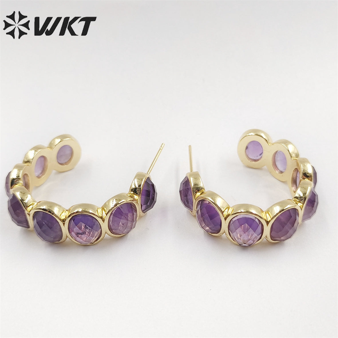 WT-E707 Amazing Fashion Women Natural Gemstone Setting Letter C Crescent Horn Earrings Lady Anniversary Earrings