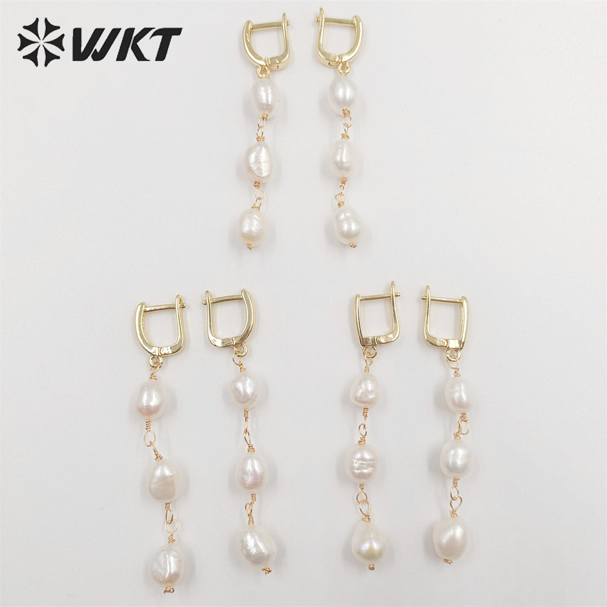 WT-MPE078 New Elegant Triple Freshwater Pearl Beads Make Clasp Earrings Fashion Gold Dangling Wire Wrapped Real Pearl Earrings