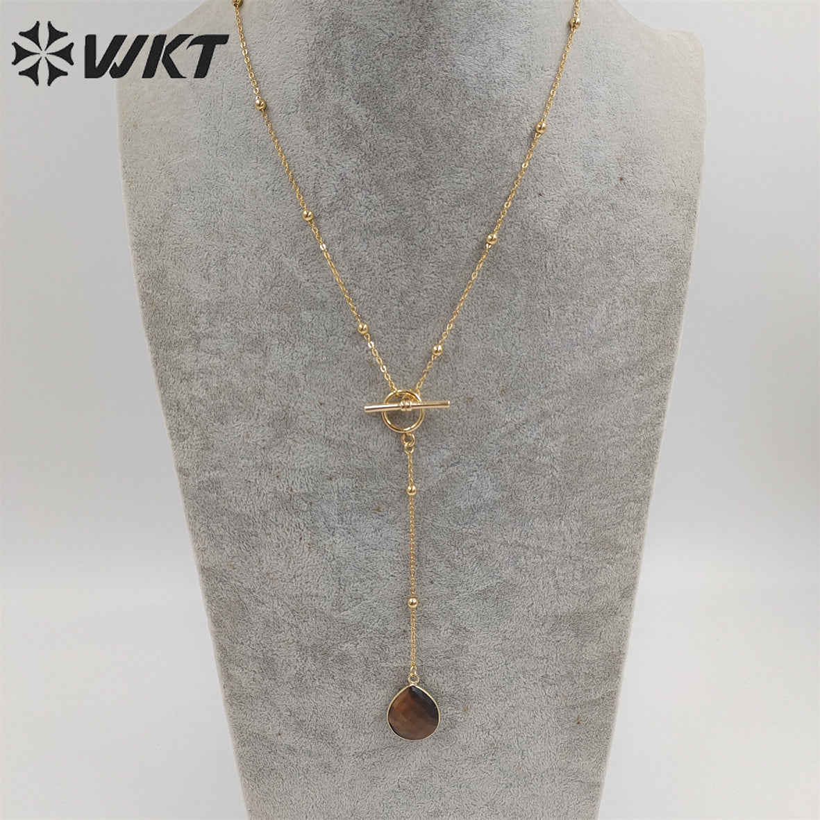 WT-N1386 WKT Newest Fashion Gold Plated Women Lariet Pendant Necklace Gold Beads Chain Themed Stone Necklace