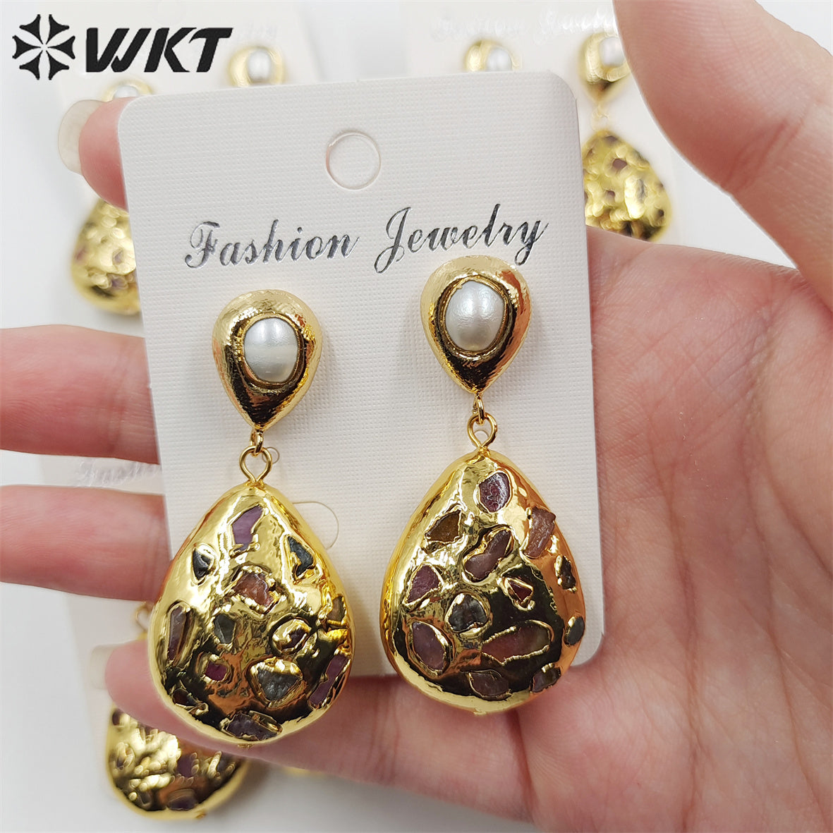 WT-MPE088 WKT NEW Design 18k Real Gold Plated Teardrop rubble Tourmaline Made Pearl Studs Earrings Gorgeous Charming Drop Studs