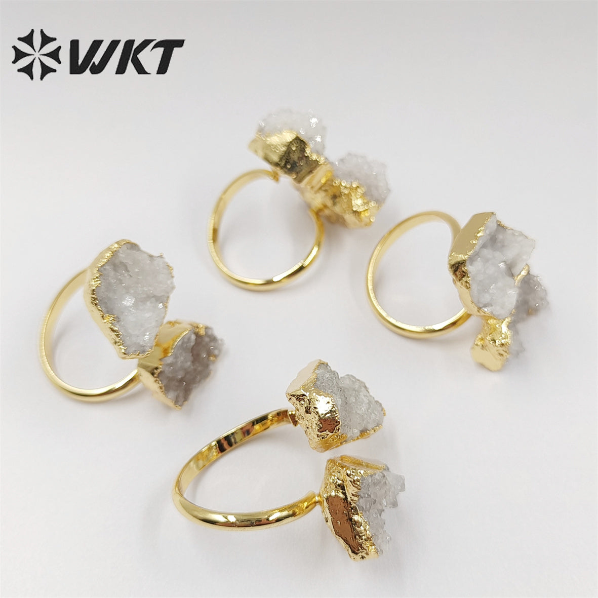 WT-R461 WKT New Material 18k Real Gold Plated Natural White Druzy Quartz Ring Women Fashion Trendy Energy Geode Agate Stone Ring