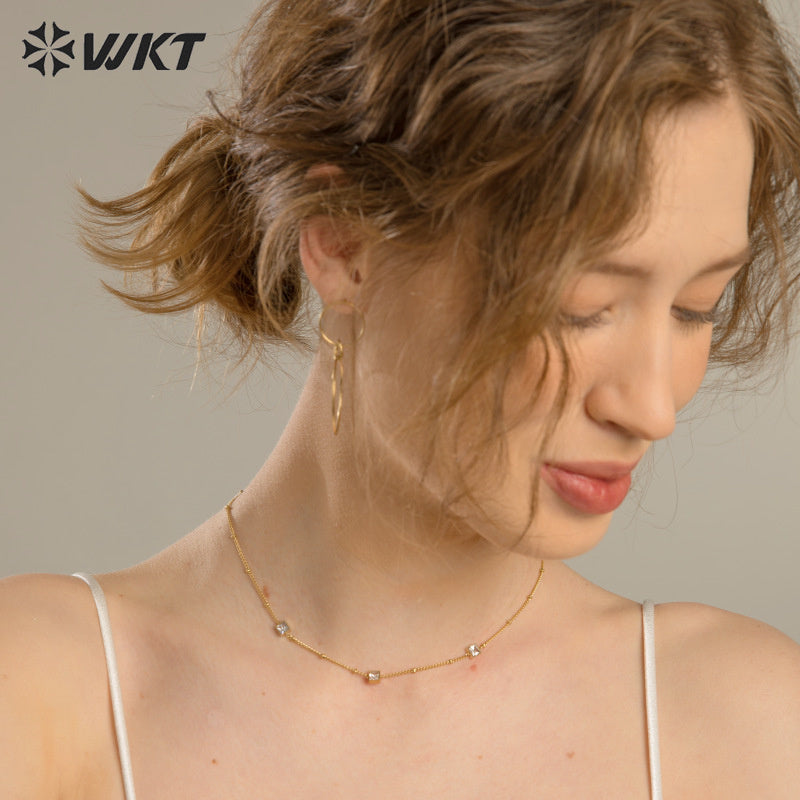 WT-REN035 French Elegant Necklace Square Combination Link Fine Versatile Color Zirconium Pendant Stainless Steel Necklace