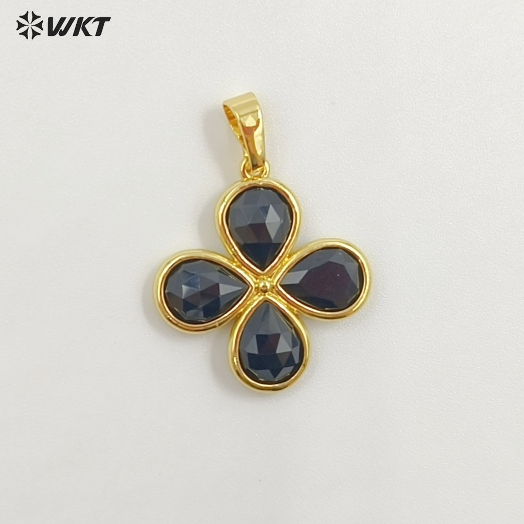 WT-P2031 Romantic Lovely Gold Plated Lucky Four Leaves Clover Flowers Shape Natural Gemstone Pendants For Ladies Necklace DIY
