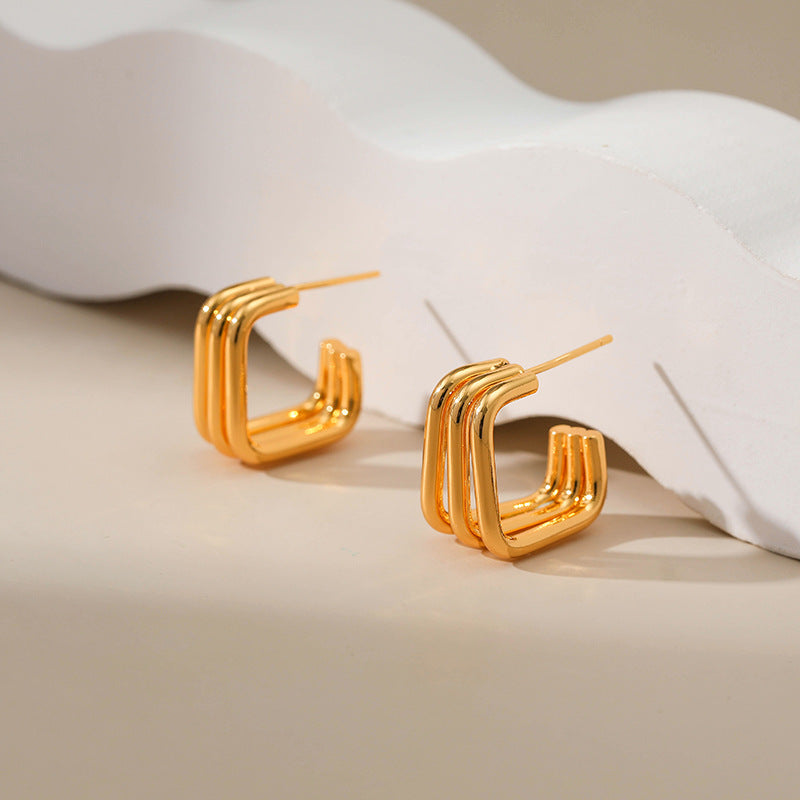 WT-JFE98 Square Multi-layer Lines18k Gold Plated Copper Plating Fried Dough Twists Hoops Trendy Earring Findings