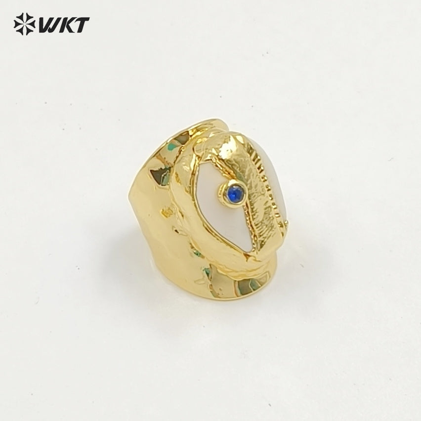 WT-R335 Wholesale Bohemian Style Cowrie Ring With Multicolor Beads in 18K Gold Plated Adjustable Natural Cowrie Shell Ring