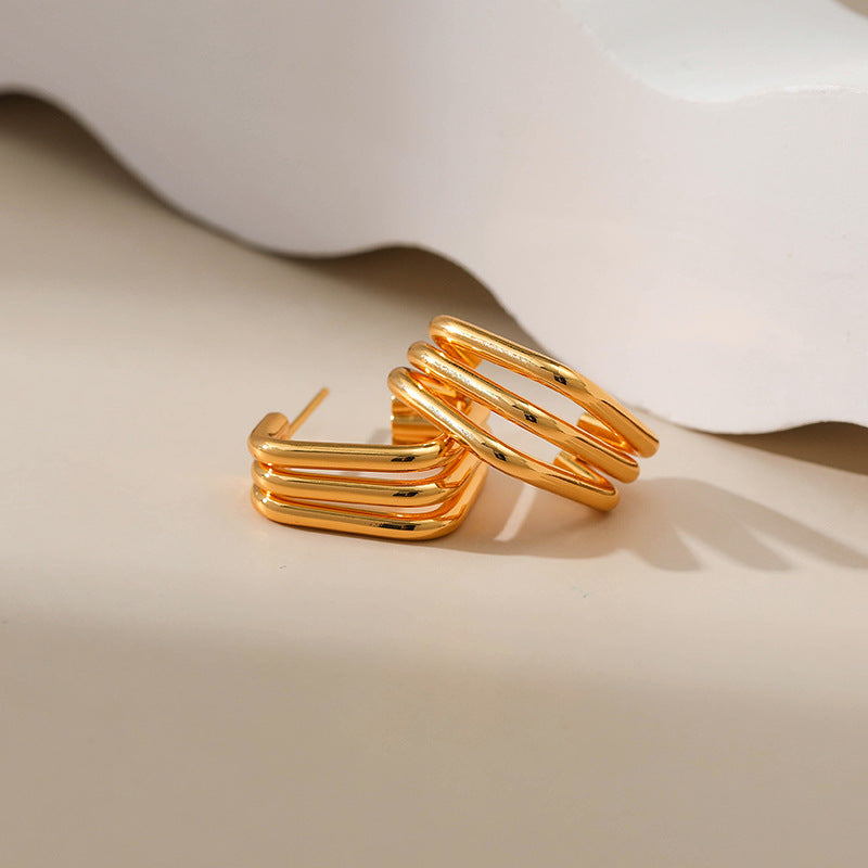 WT-JFE98 Square Multi-layer Lines18k Gold Plated Copper Plating Fried Dough Twists Hoops Trendy Earring Findings