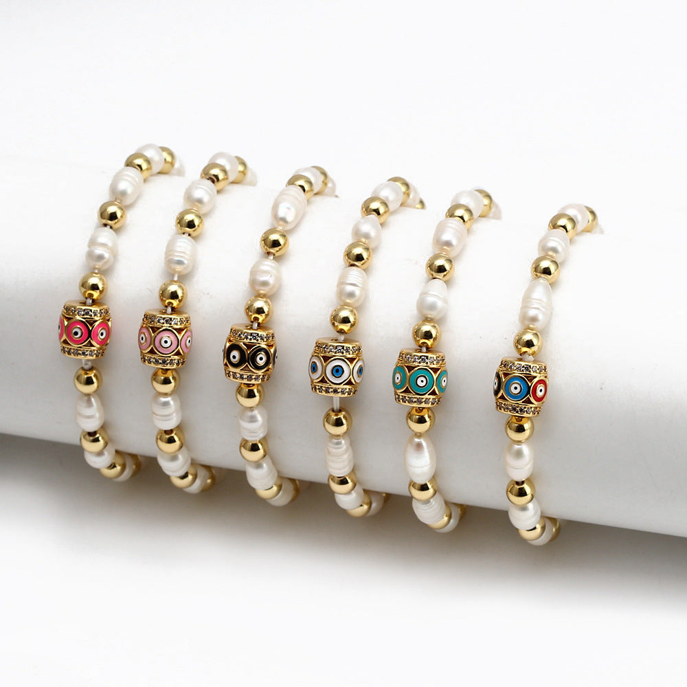WT-MB123 Gorgeous Enamel Beads Women Bracelets Charming Natural Rice Pearl Beads Strand Bracelet with Turkey Eye Charms