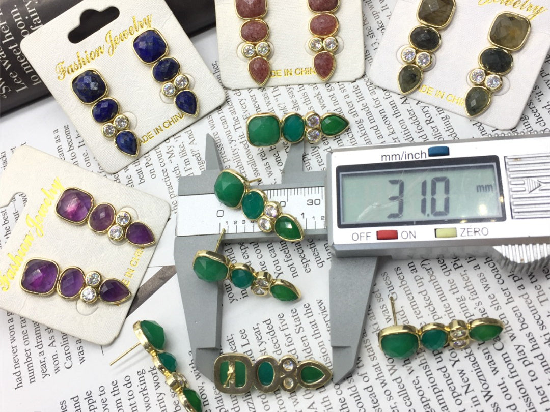WT-E812 Newest Fashion Design Gold Plated Zircons And Three Natural Gemstones Drop Earrings As Lady Elegant Jewelry Gift