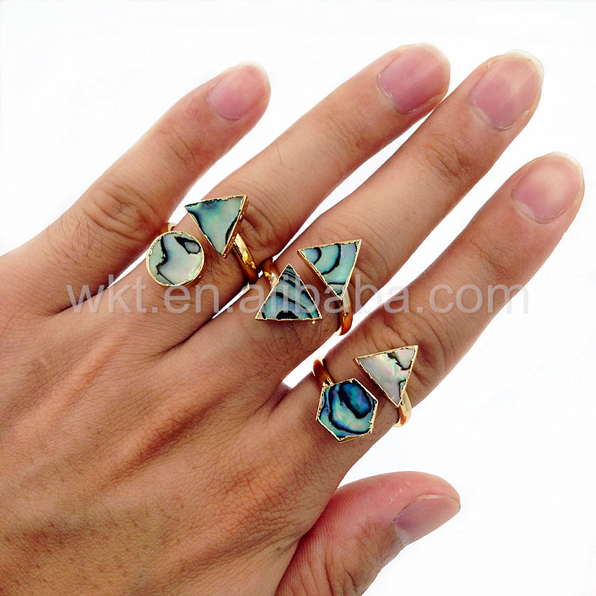 WT-R241 Wholesale 24k Gold Trim Lovely Abalone Shell Ring Double Stone Natural Abalone Shell Ring for Women Wedding Ring