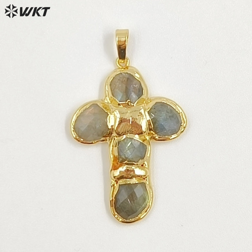 WT-P2027 Amazing Back Full Gold Plated Amazonite Multi Colors Natural Gemstones Cross Shape Pendants For Popular Necklace DIY