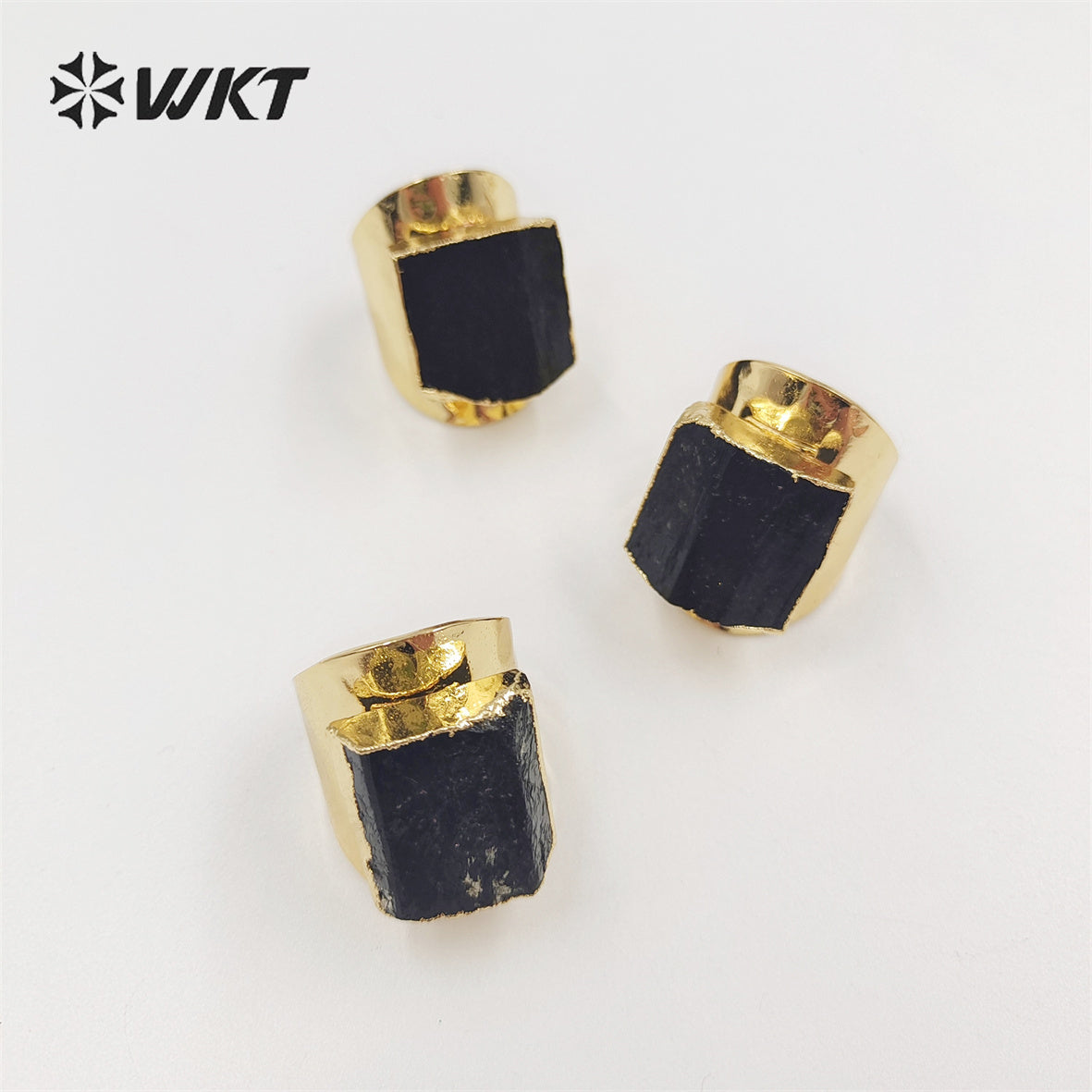 WT-R422 Women Beautiful Energy Black Tourmaline Stone Ring 18k Real Gold Plated Natural Stone Wide Birthday Gift Ring