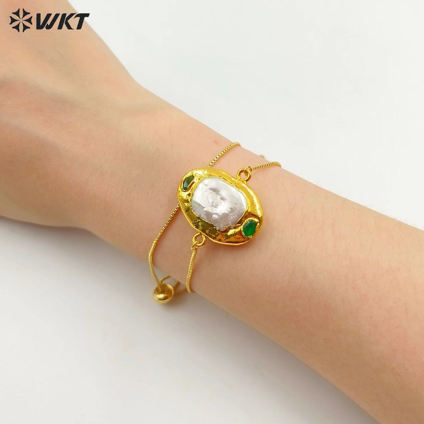 MPB105 Wholesale Fashion Gold Plated Adjustable Box Chain Connect Freshwater Pearl Charm Bracelet