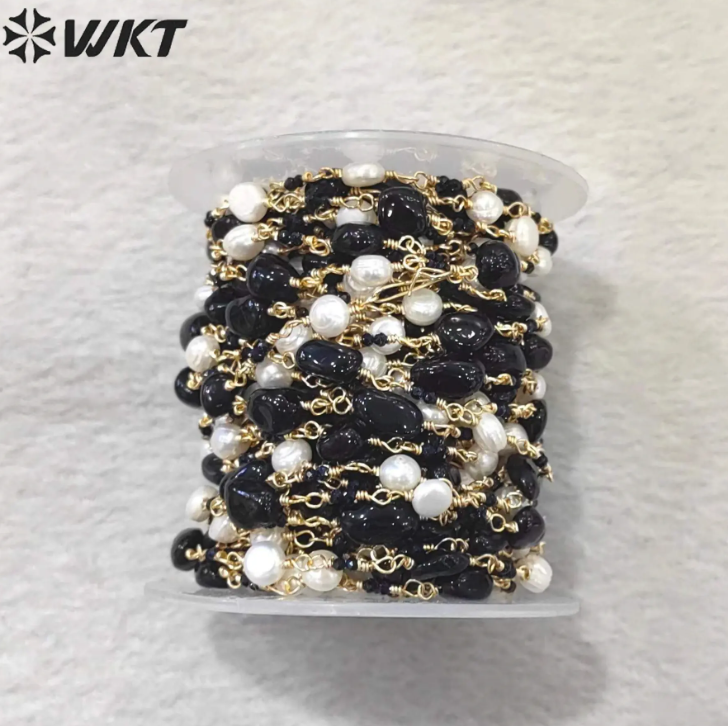 WT-RBC224 Wholesale Latest Style Nugget Stone & Pearl Retro Gold Plated Sell by Meter Handmade Metal Chain