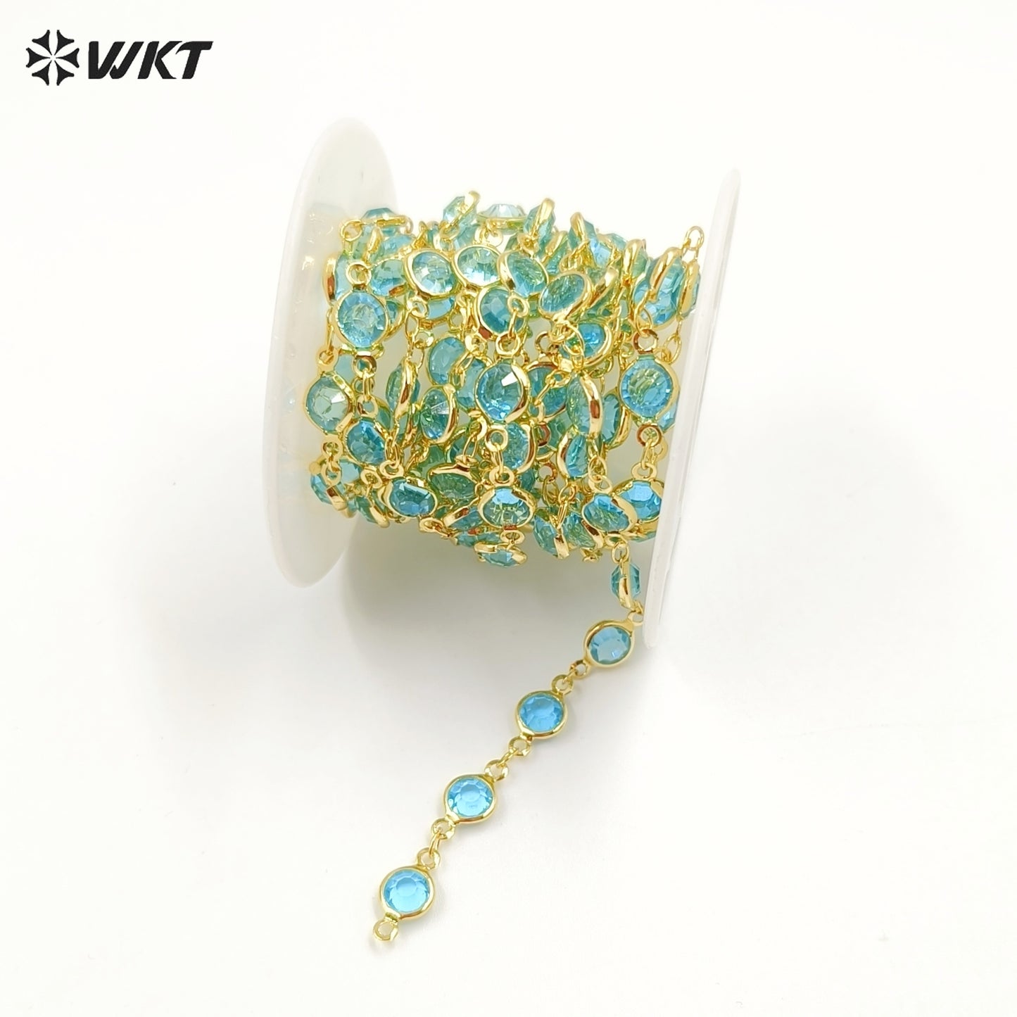 WT-RBC230 Super Hot 18K Real Gold Plated Aqua Crystal Round Beads Chain for Women Jewelry Necklace DIY Design Findings