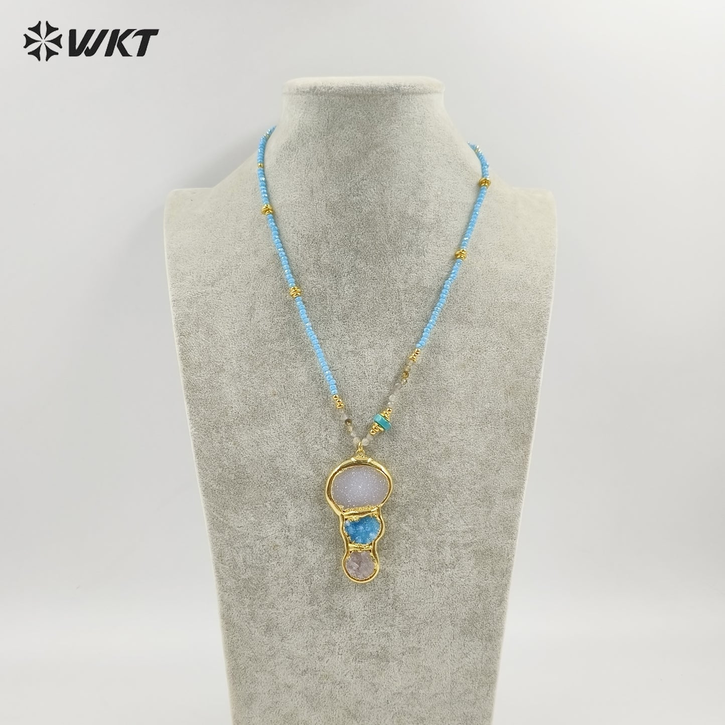 WT-N1452 Amazing Flame Color 3mm Beads Hand Strand With Natural Druzy Quartz Stone Pendant Fashion Boho Women Necklace