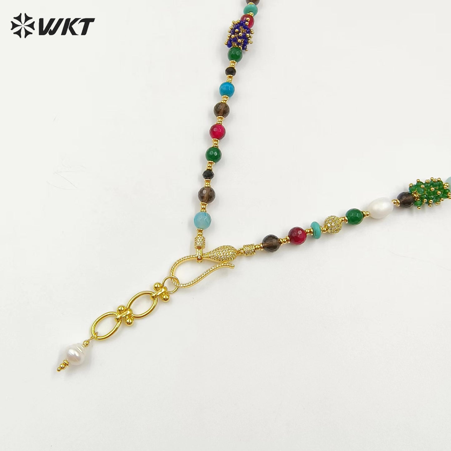 WT-JN264 Gorgeous 8MM Round Faceted Natural Agate and Baroque Pearl Lady Beads Necklace in 26 Inch Long