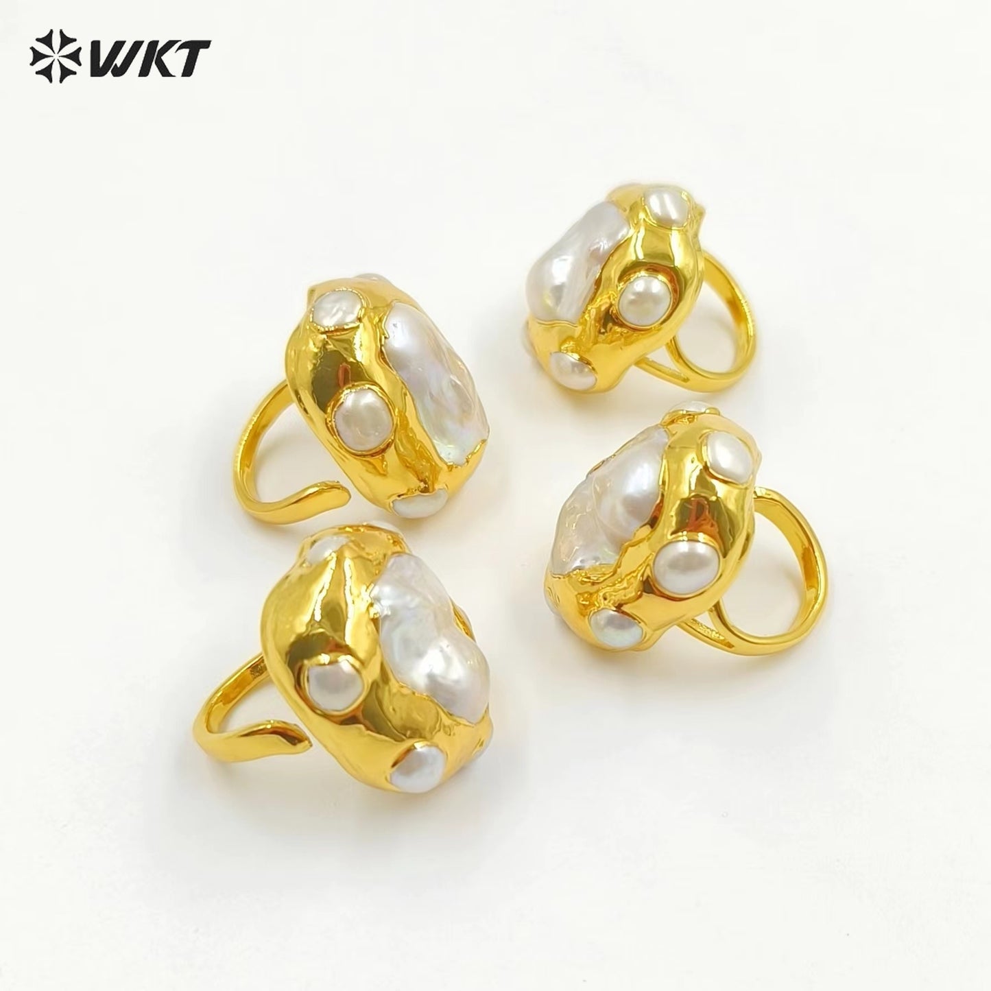 WT-MPR074 WKT Europe Gorgeous Natural Freshwater Baroque Keshi Pearl Women Anneversary Ring in 18K Real Gold Plated