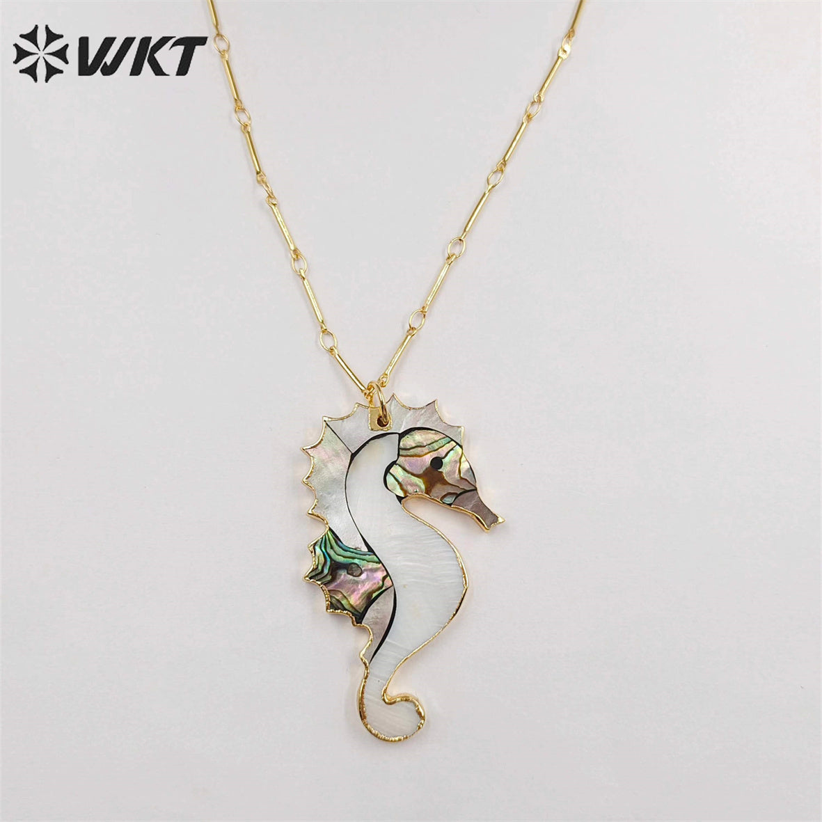 WT-N1069 WKT Wholesale New Fashion Stick Link Chain Jewelry Seahorse Shape Natural Abalone Shell Necklace
