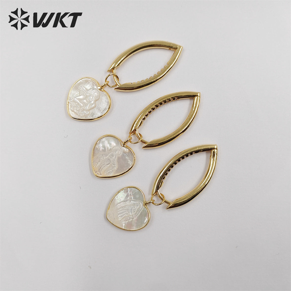 WT-MPE090 WKT Unique Gold Metal Long Hoop Natural Mop Heart Shell Earrings Religion Women Virgin Mary Earrings