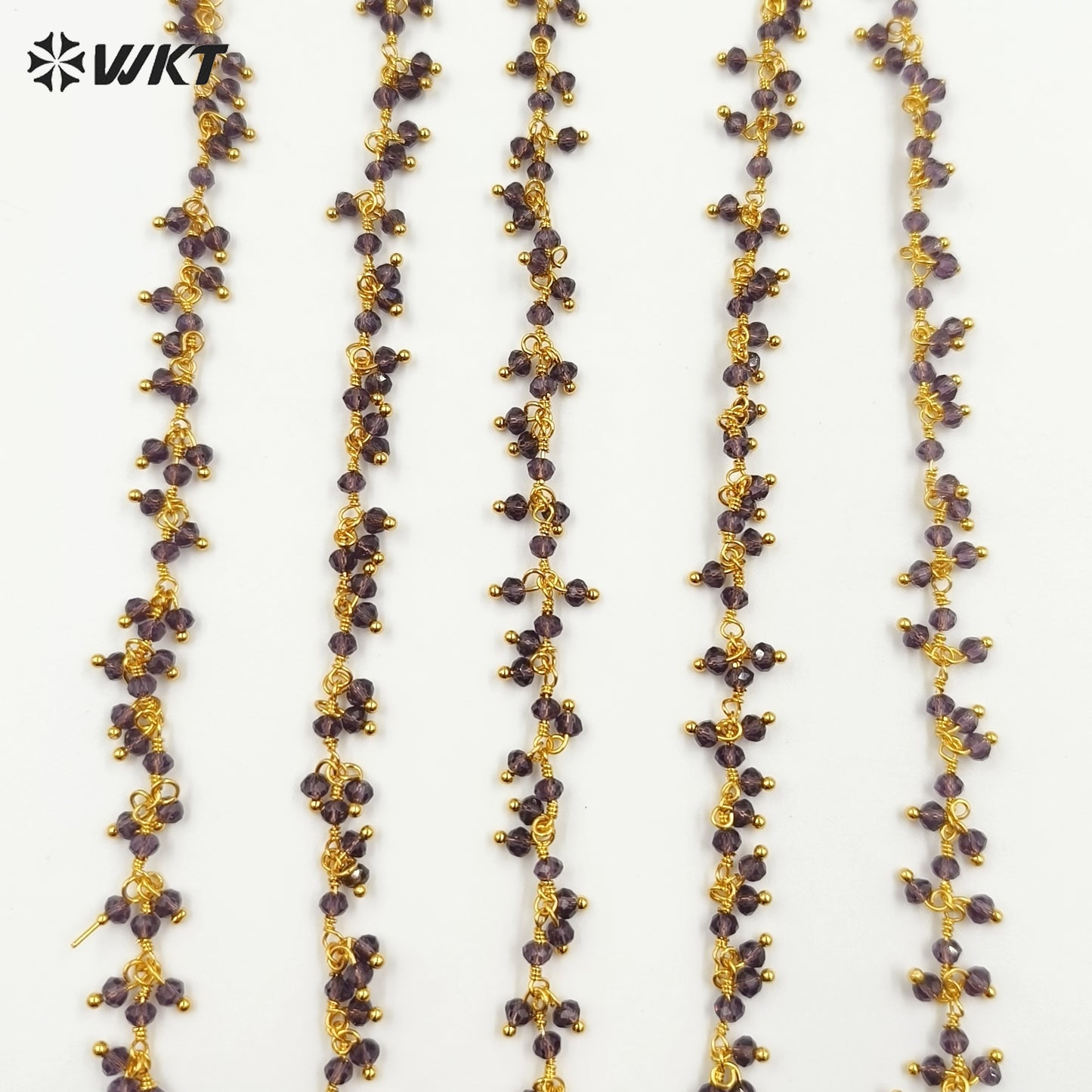 WT-RBC228 Wholesale New Fashion 18K Gold Plated Resist Tarnishable Purple Amethyst Charming Beads Chain for Necklace Design