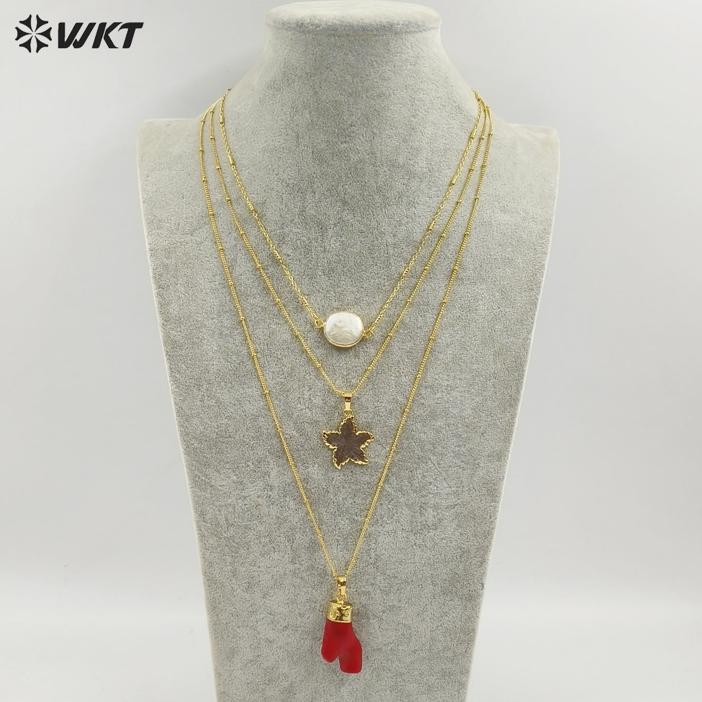 WT-N1325 Noble and Nice Jewelry with Freshwater Pearl Star Shape Shell Red Coral Pendants so Fashion Natural Stone Necklace