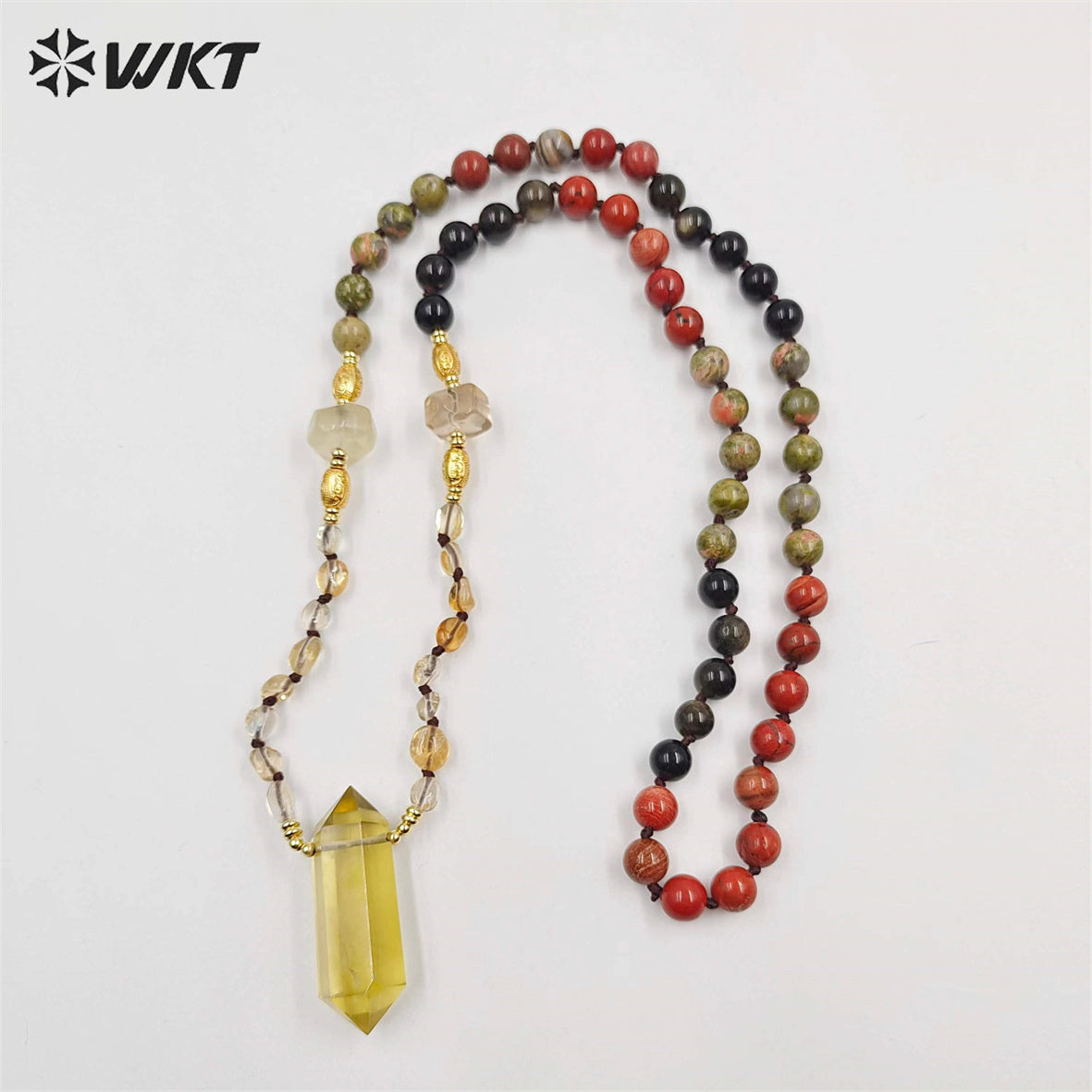 WT-N1414 WKT Lucky Handmade Energy Yellow Citrine Necklace 8mm Natural Stone Beads Necklace in 30 Inch Long Healing Necklace