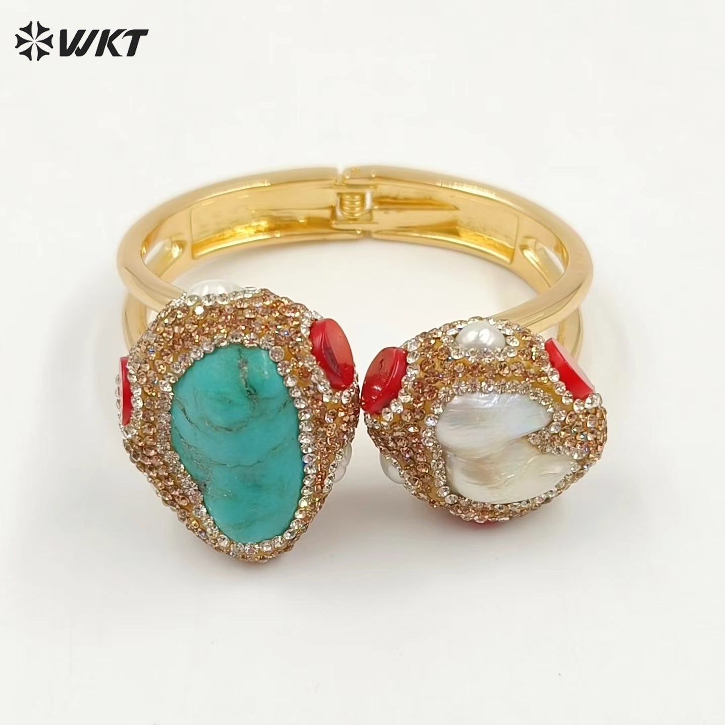 MPB107 Gorgeous Hand Make Rhinestone Paved Natural Gold Plated Cuff Green Turquoise and Pearl Bangle in Retro Style