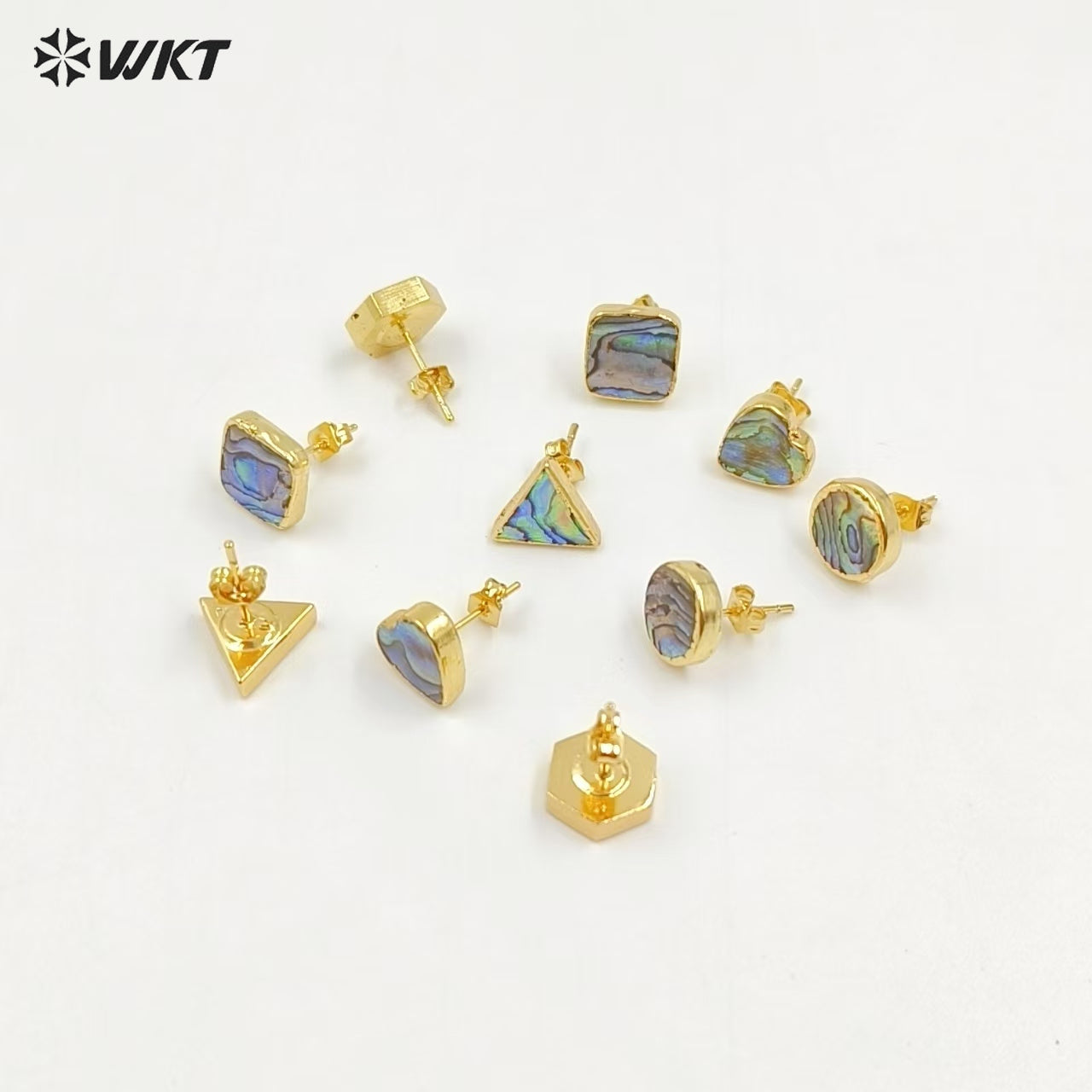 WT-E170 Wholesale Natural Abalone Shell Studs in 18k Real Gold Plated Resist Tarnished Lady Triangle Studs