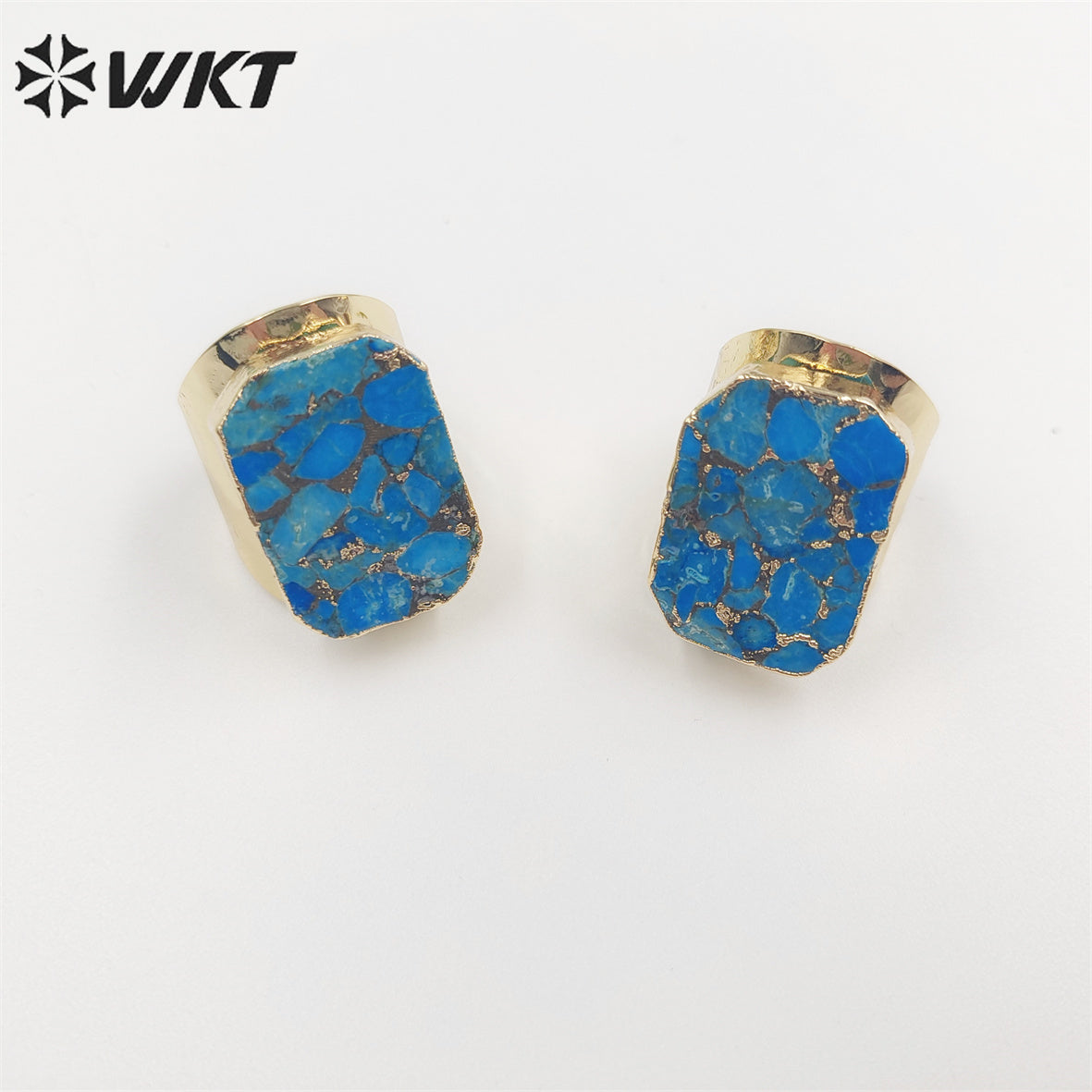 WT-R421 Wholesale Fashion Gold Long square Copper Turquoise Ring with Big Band Gorgeous Cocktail Party Ring for Women Stone Ring