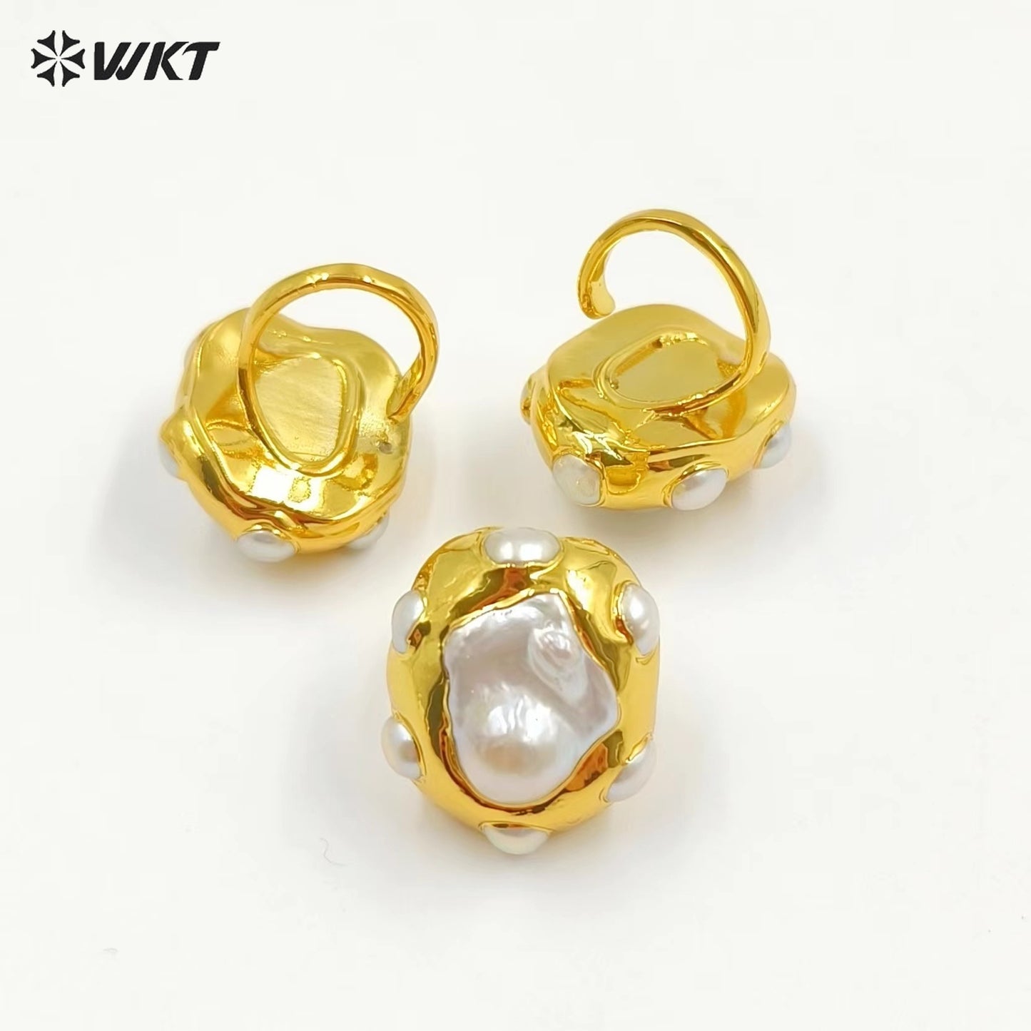 WT-MPR074 WKT Europe Gorgeous Natural Freshwater Baroque Keshi Pearl Women Anneversary Ring in 18K Real Gold Plated