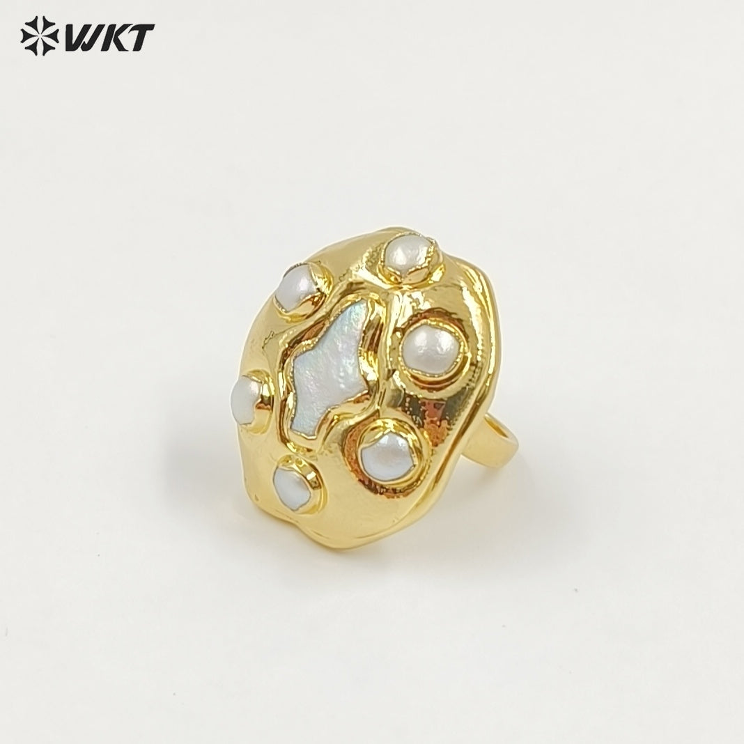 WT-MPR150 Pretty Jewelry Gold Electroplated Natural Freshwater Pearl Adjustable Cross Shape Women Rings As Anniversary Day Gift