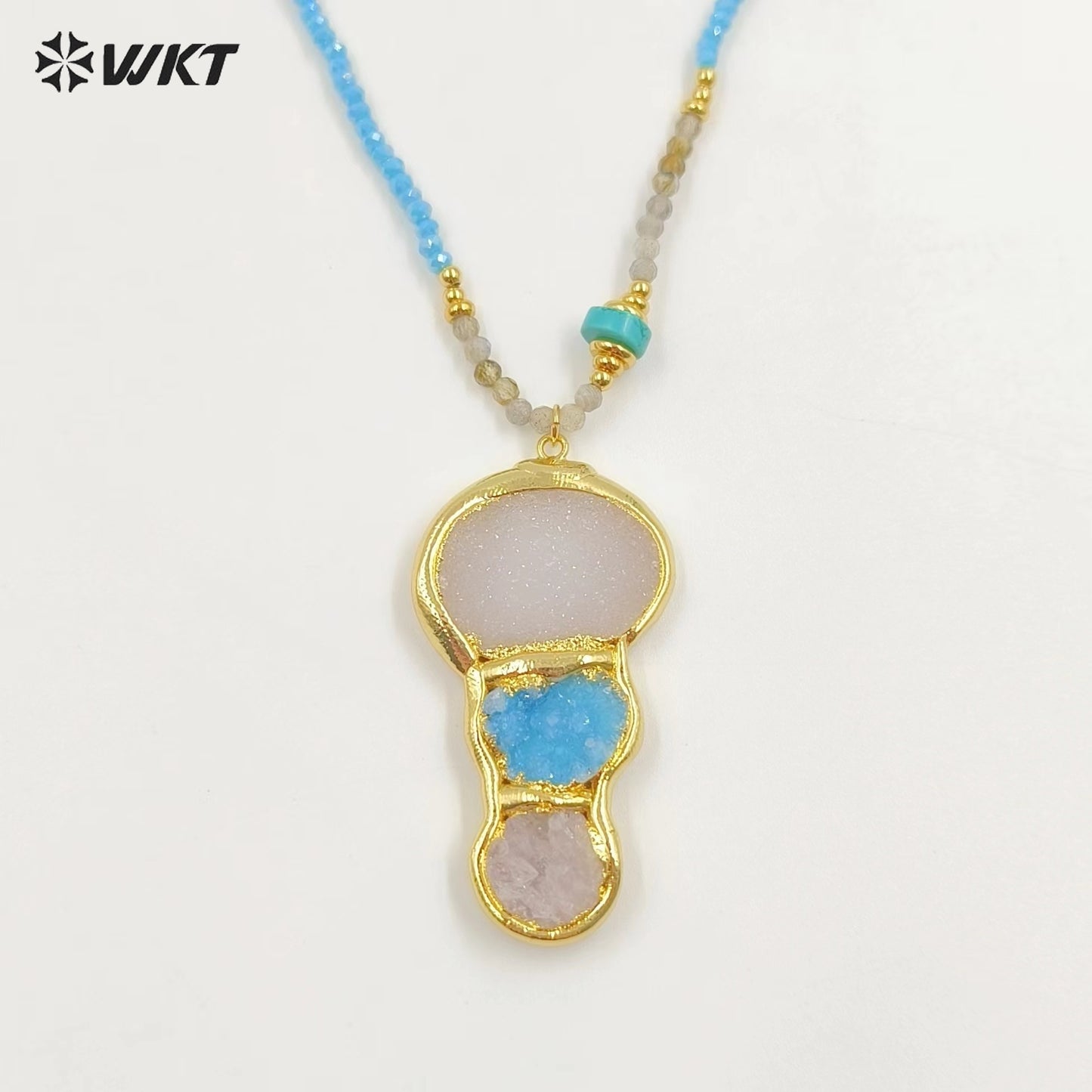 WT-N1452 Amazing Flame Color 3mm Beads Hand Strand With Natural Druzy Quartz Stone Pendant Fashion Boho Women Necklace
