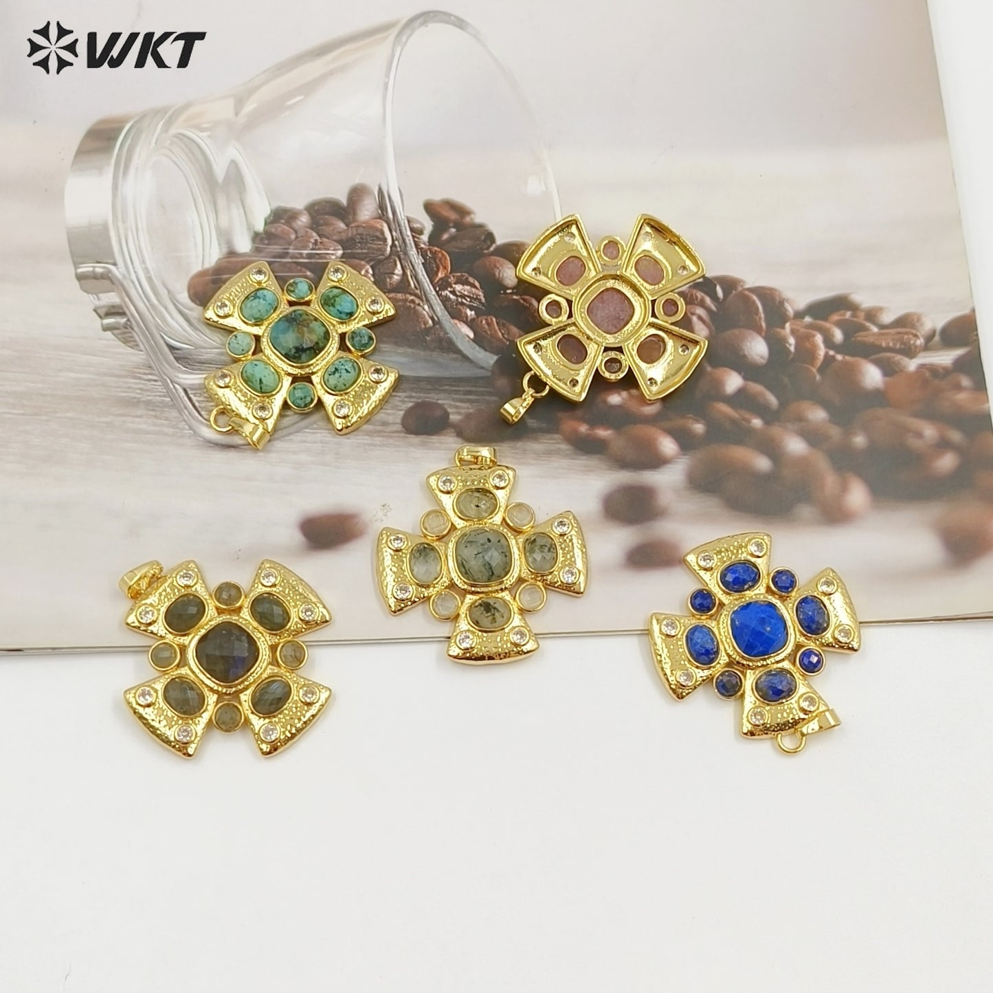 WT-MP318 Wholesale Amazing Gold Plated Zircon and Natural Labradorite Lapis Gemstones Cross Pendants For Luxury Jewelry Making