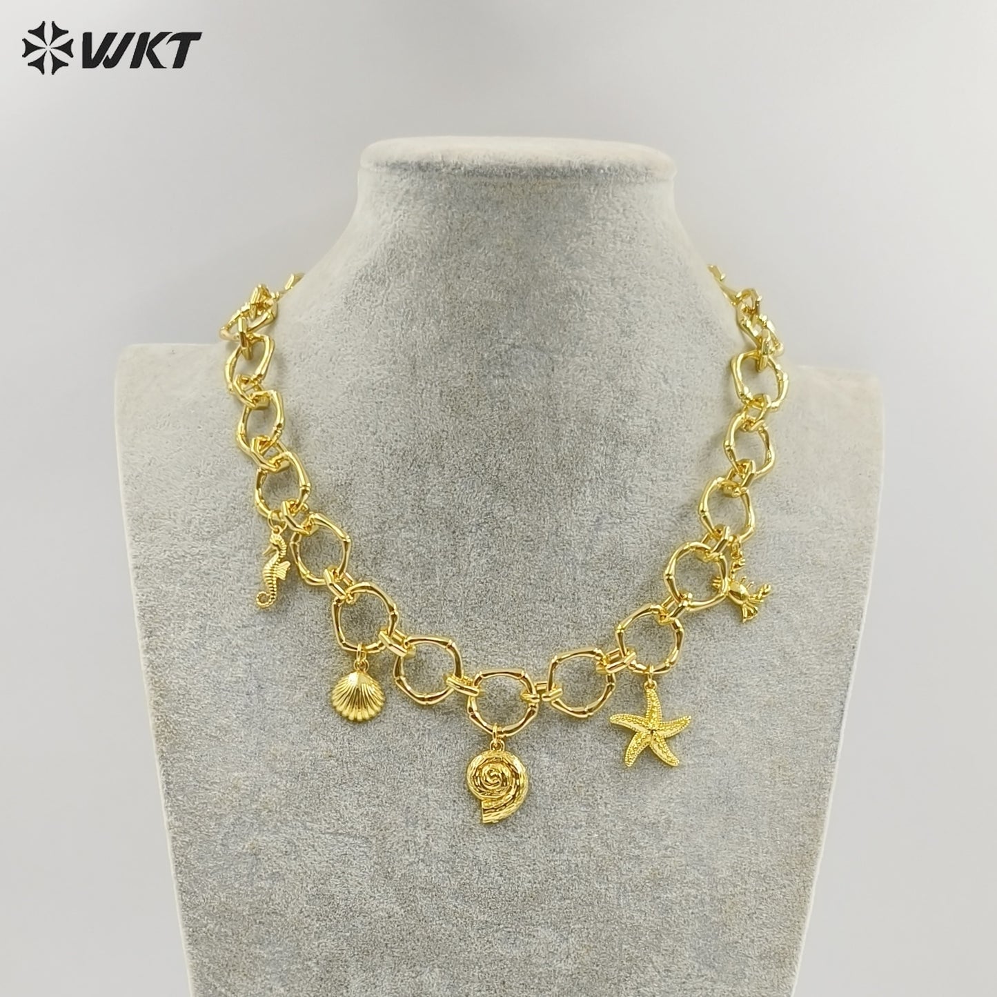 WT-JFN45 Summer Popular Yellow Brass 18K Gold Plated Big Circle Chain With Multi Little Charms Necklace For Cool Girls Jewelry