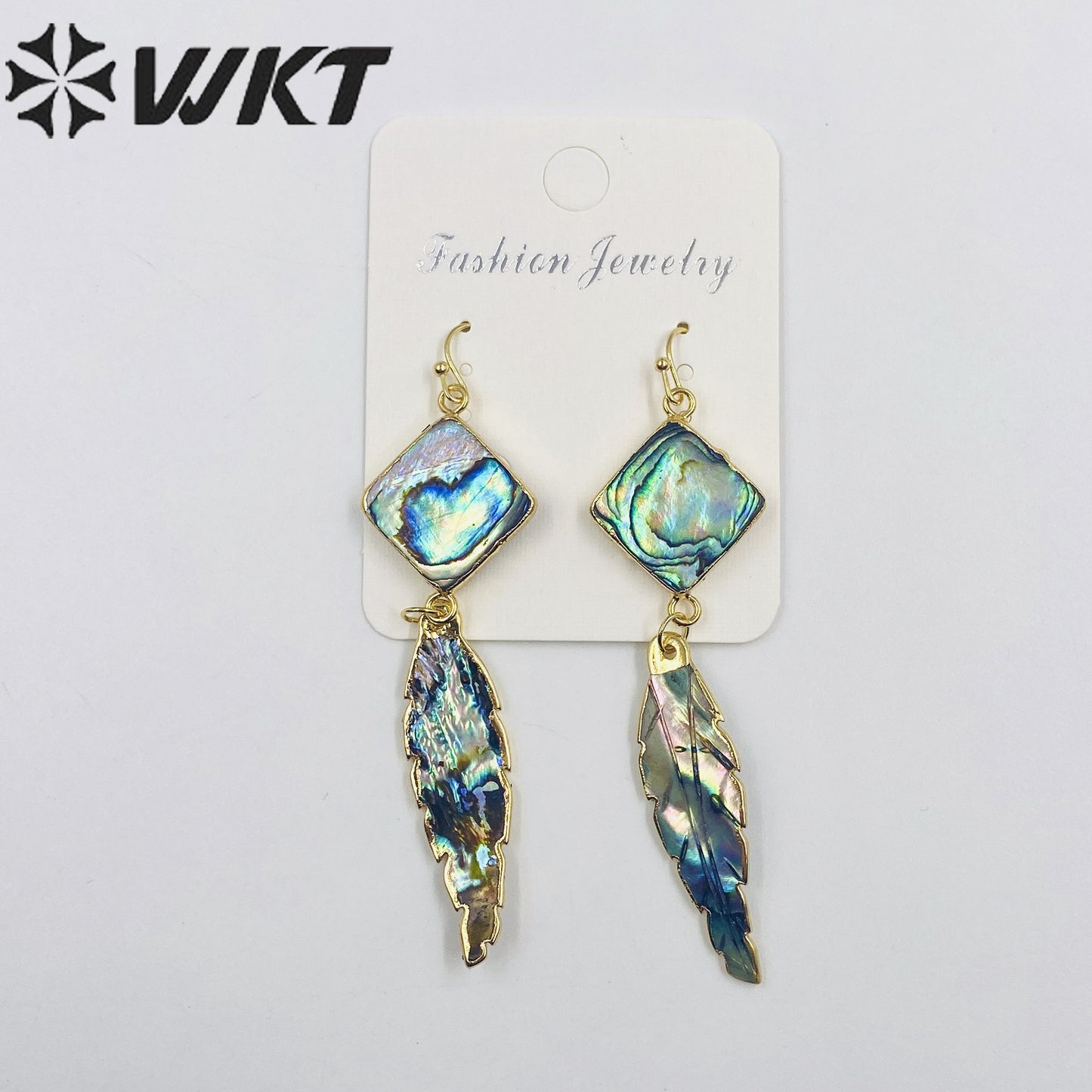 WT-E326 Wholesale 24K Gold Plated Square Abalone Shell Dangle Earring With Carved Abalone Shell Feather for Women
