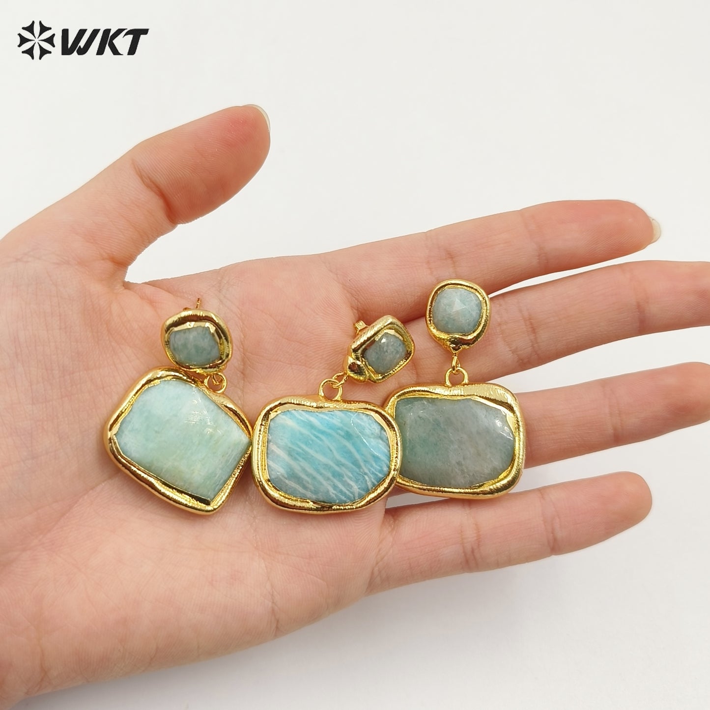 WT-E753 Amazing New Natural Square Fashion Handmade Gold Plated Amazonite Stone Earrings