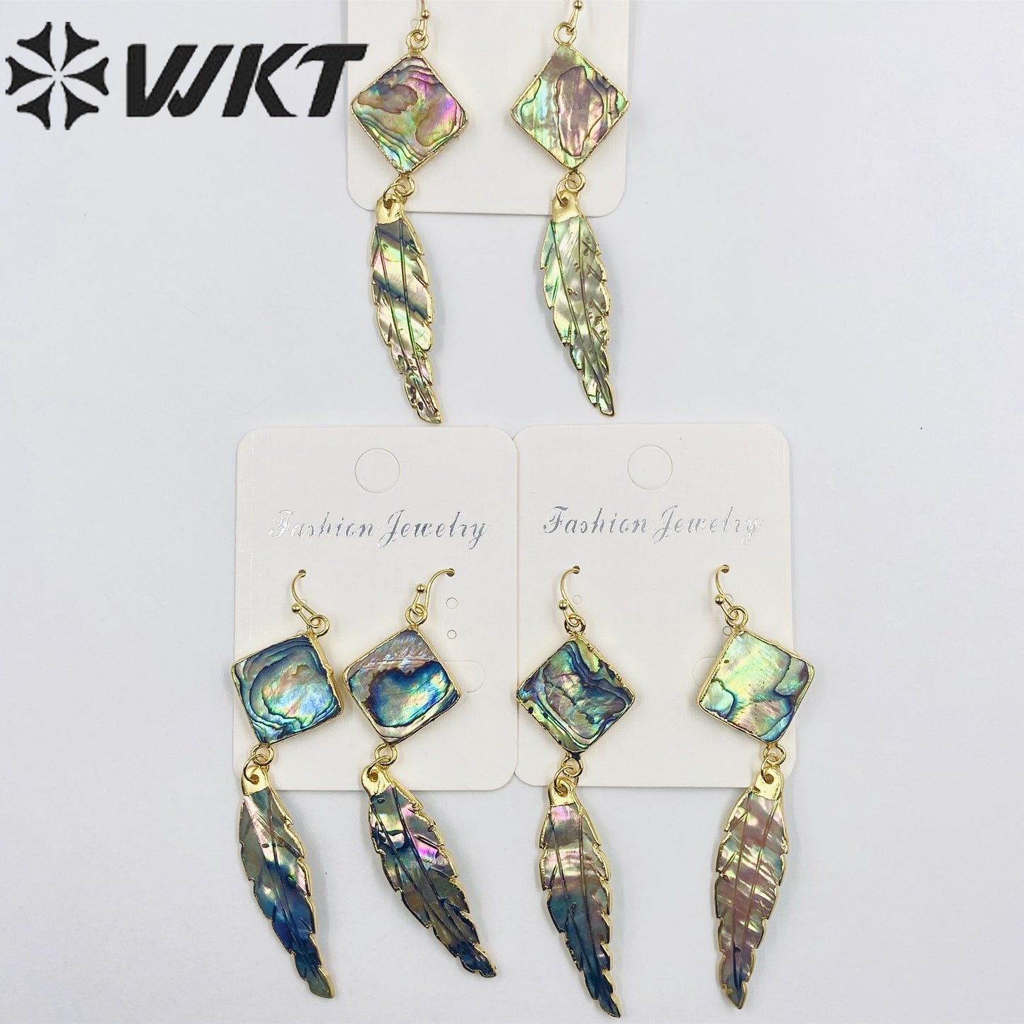WT-E326 Wholesale 24K Gold Plated Square Abalone Shell Dangle Earring With Carved Abalone Shell Feather for Women