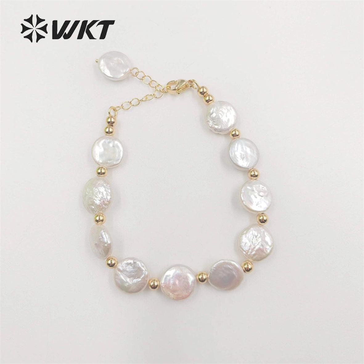 WT-MPB091 WKT New Design Delicate Round Coin Freshwater Pearl Bracelet 7Inch Long High Quality Pearl Beads Jewelry Bracelet