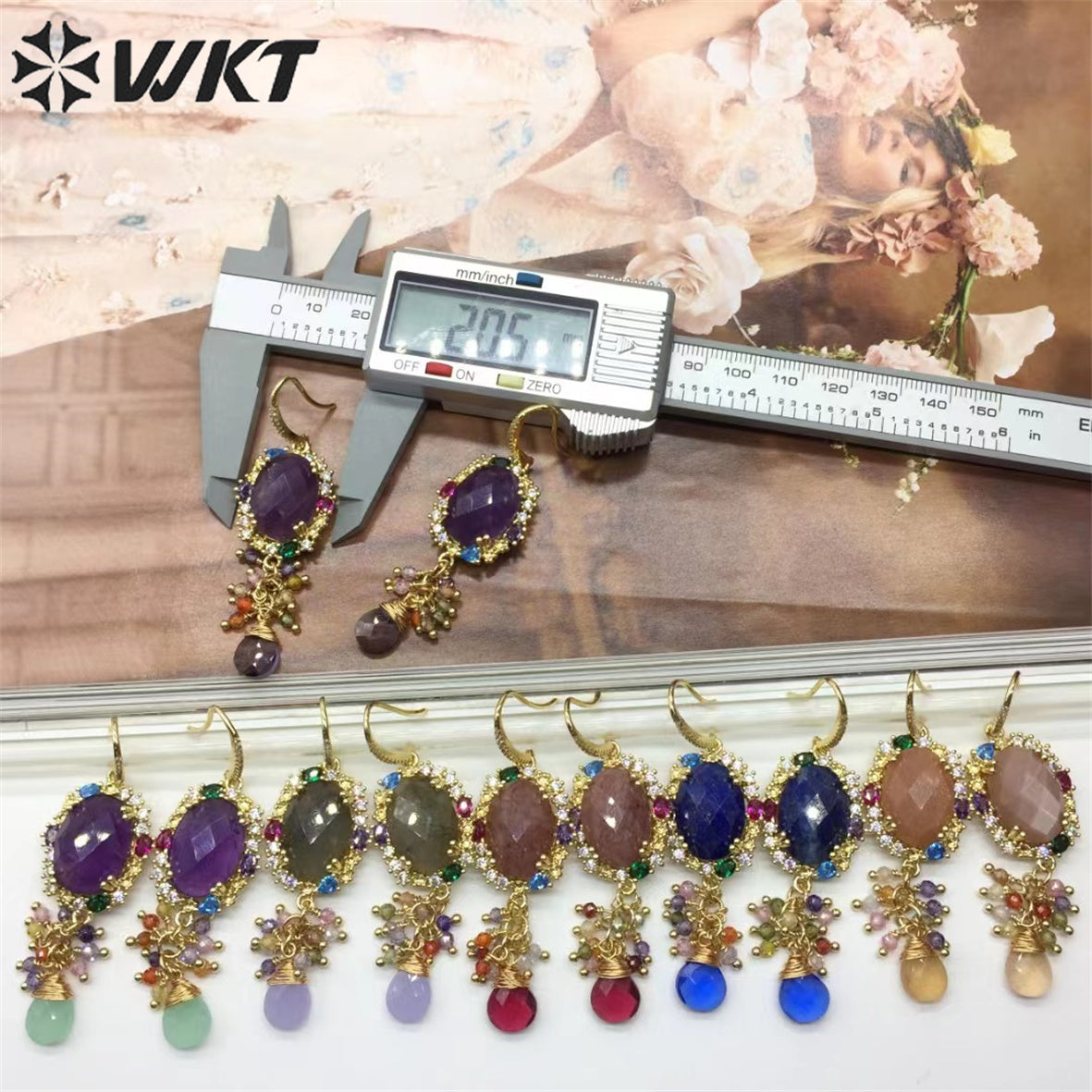 WT-E705 Charming Lady Colorful Handmade Dangling Hoops with Natural Gemstone Cubic Zircon Decorative Stone Earrings