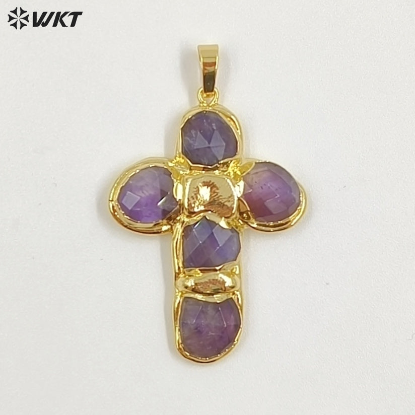 WT-P2027 Amazing Back Full Gold Plated Amazonite Multi Colors Natural Gemstones Cross Shape Pendants For Popular Necklace DIY
