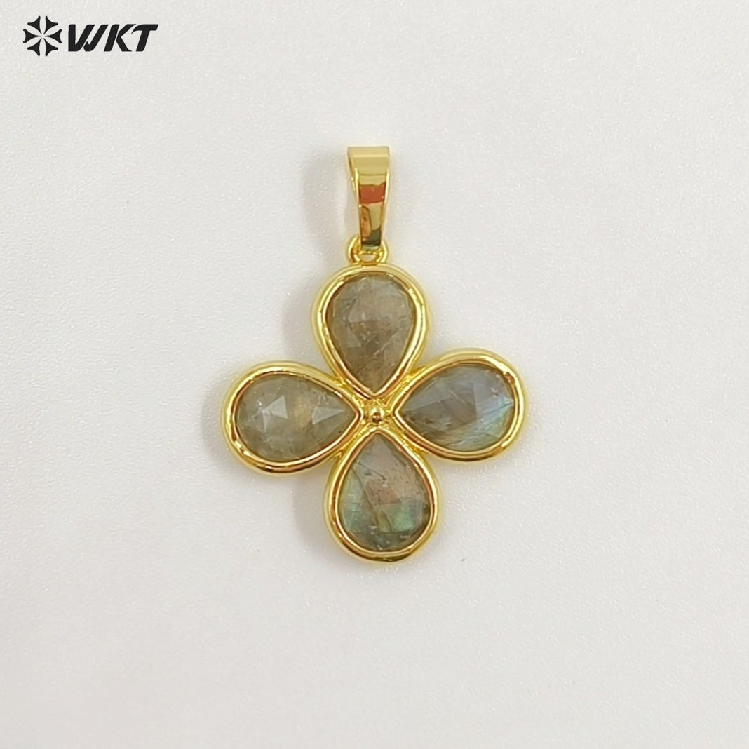 WT-P2031 Romantic Lovely Gold Plated Lucky Four Leaves Clover Flowers Shape Natural Gemstone Pendants For Ladies Necklace DIY