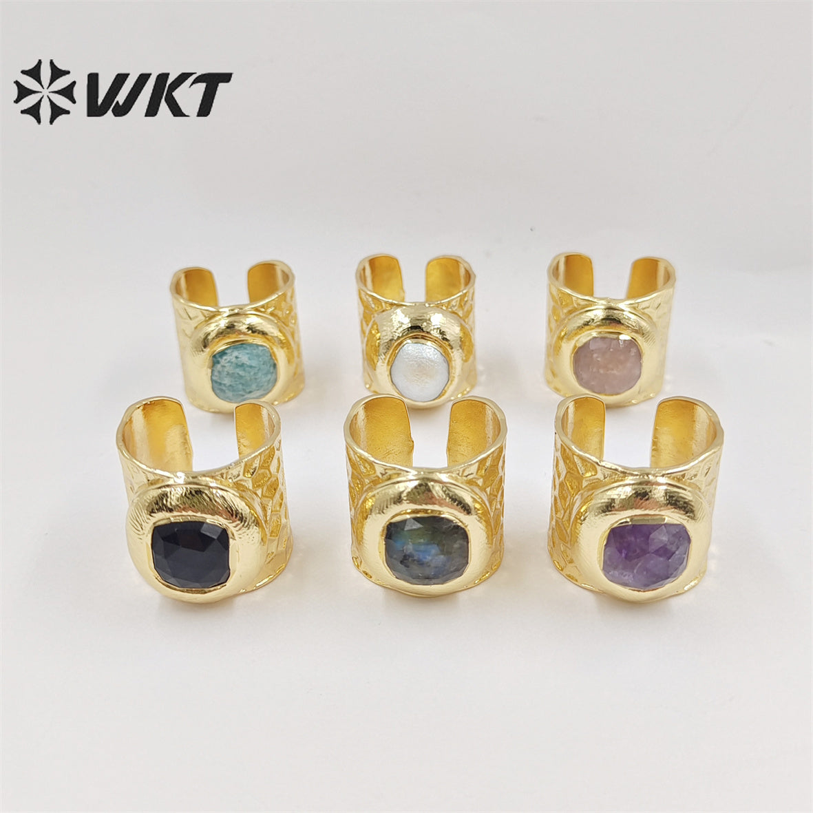 WT-R301 WKT New Design Fashion Gold Bezel 18k Real Gold Plated Natural Gemstone Ring Women Cocktail Finger Birthday Stone Ring
