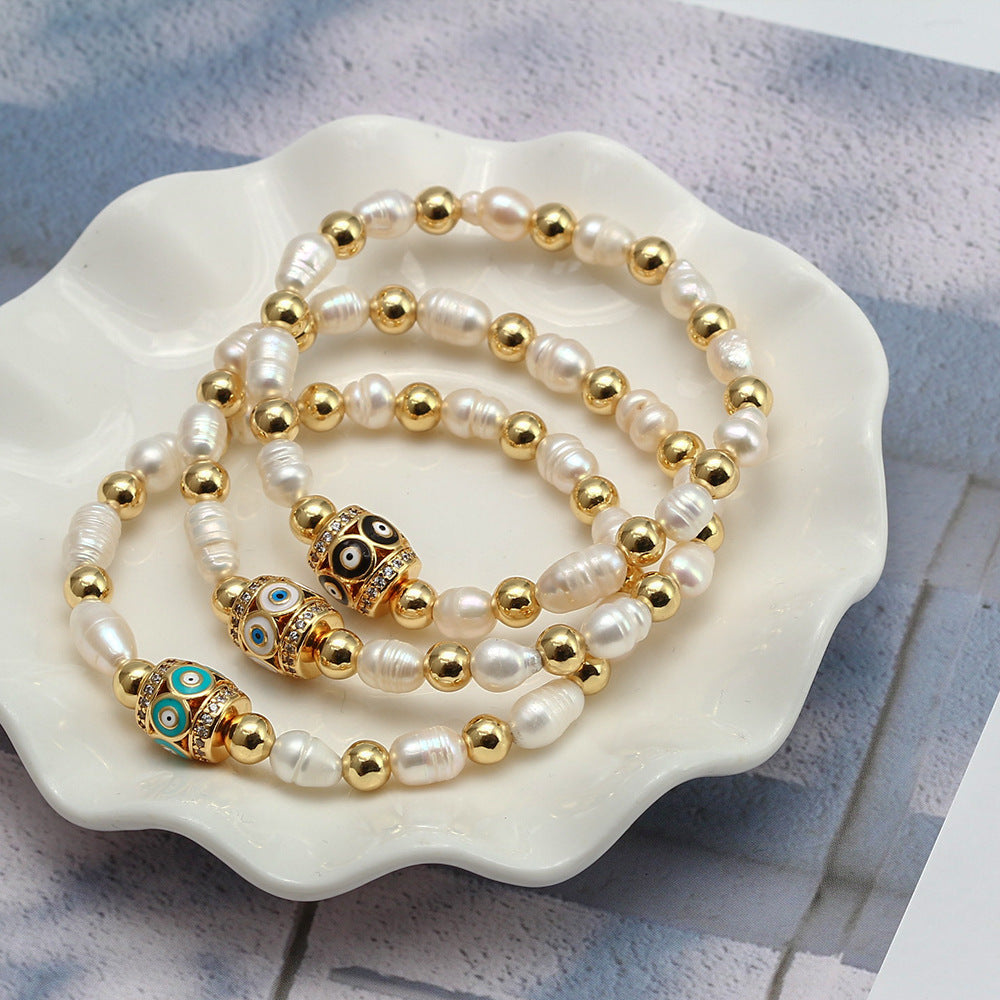 WT-MB123 Gorgeous Enamel Beads Women Bracelets Charming Natural Rice Pearl Beads Strand Bracelet with Turkey Eye Charms