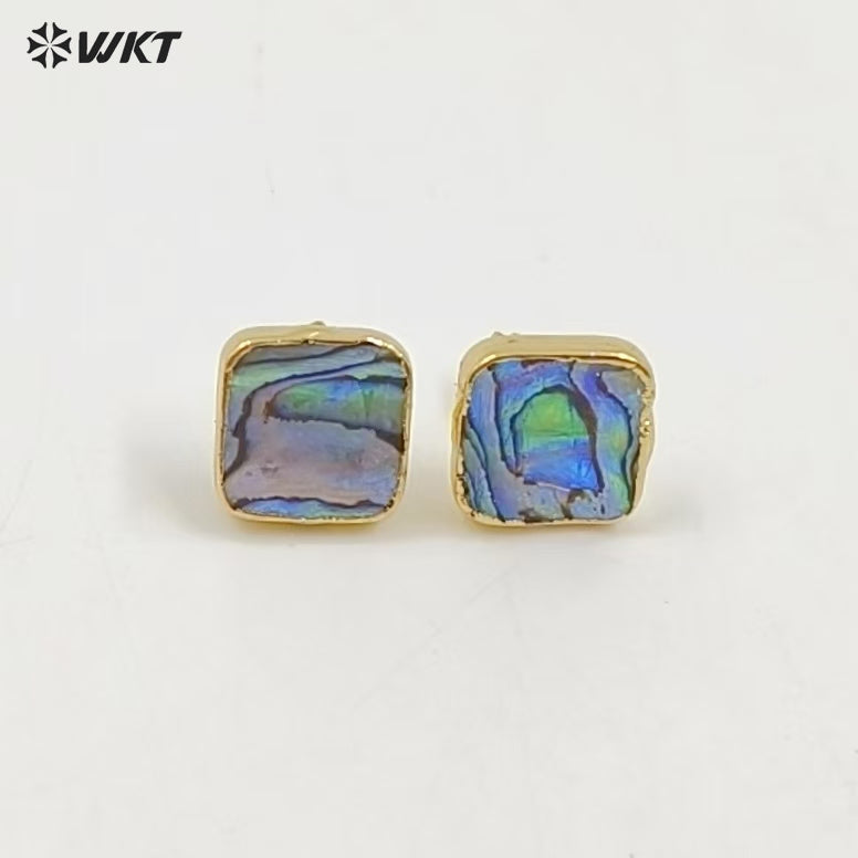 WT-E170 Wholesale Natural Abalone Shell Studs in 18k Real Gold Plated Resist Tarnished Lady Triangle Studs