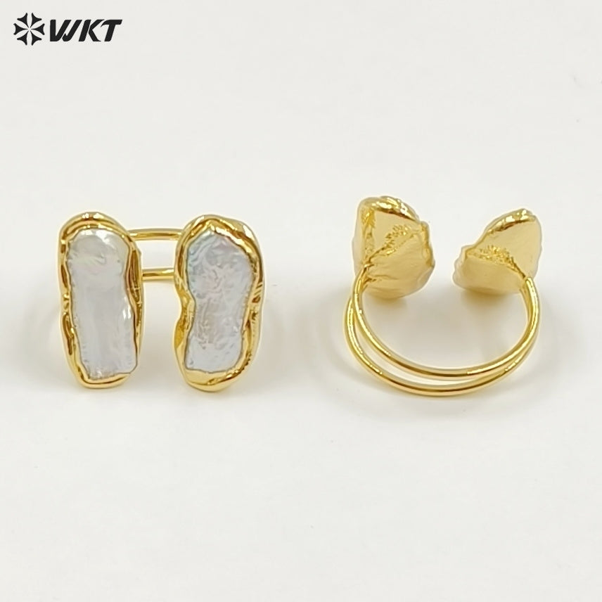 WT-R332 Classic Unique Each One Is Different Two Pearls Jewelry in Gold Plated Adjustable Natural Freshwater Pearl Rings